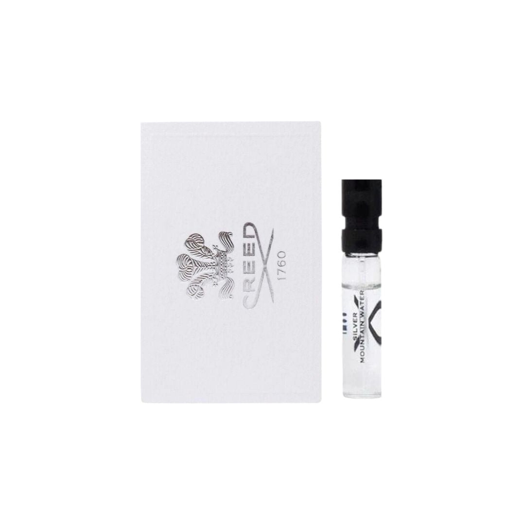 Creed Silver Mountain Water perfume sample 1.7ml and packaging on a white background