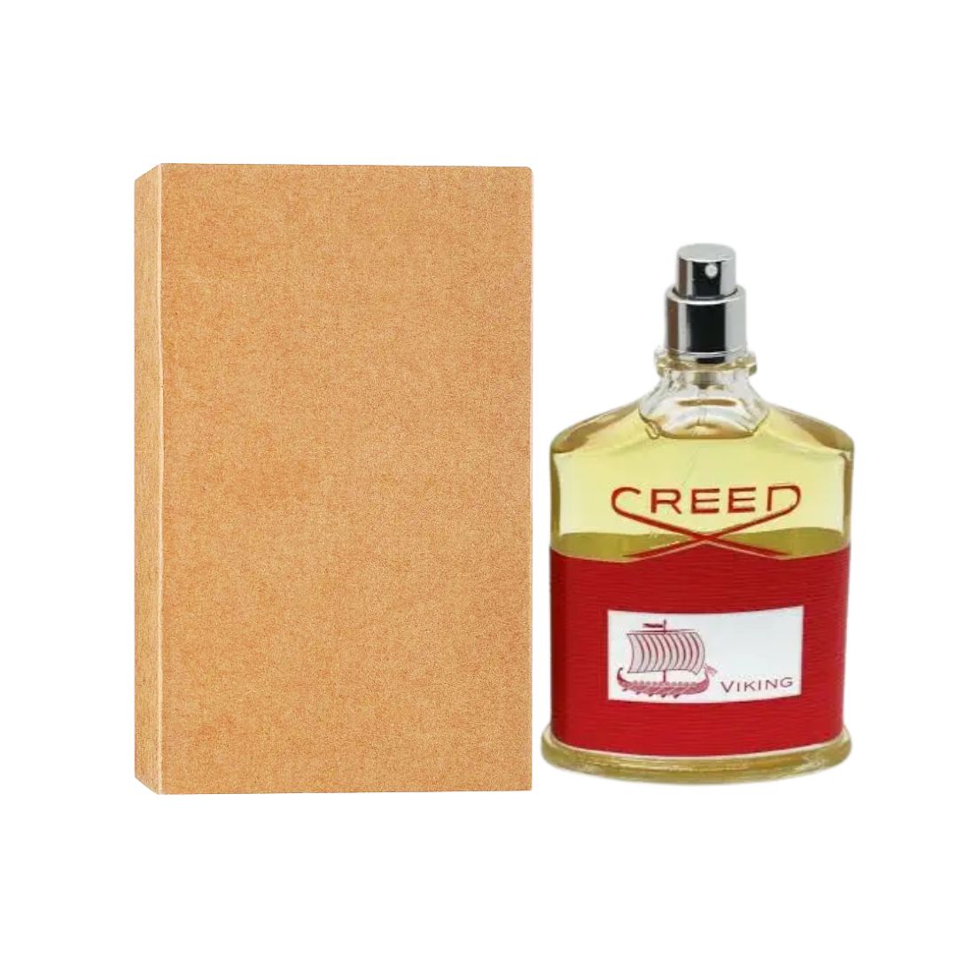 Creed Viking perfume Tester bottle 100ml with red label and gold accents next to a brown box on a white background