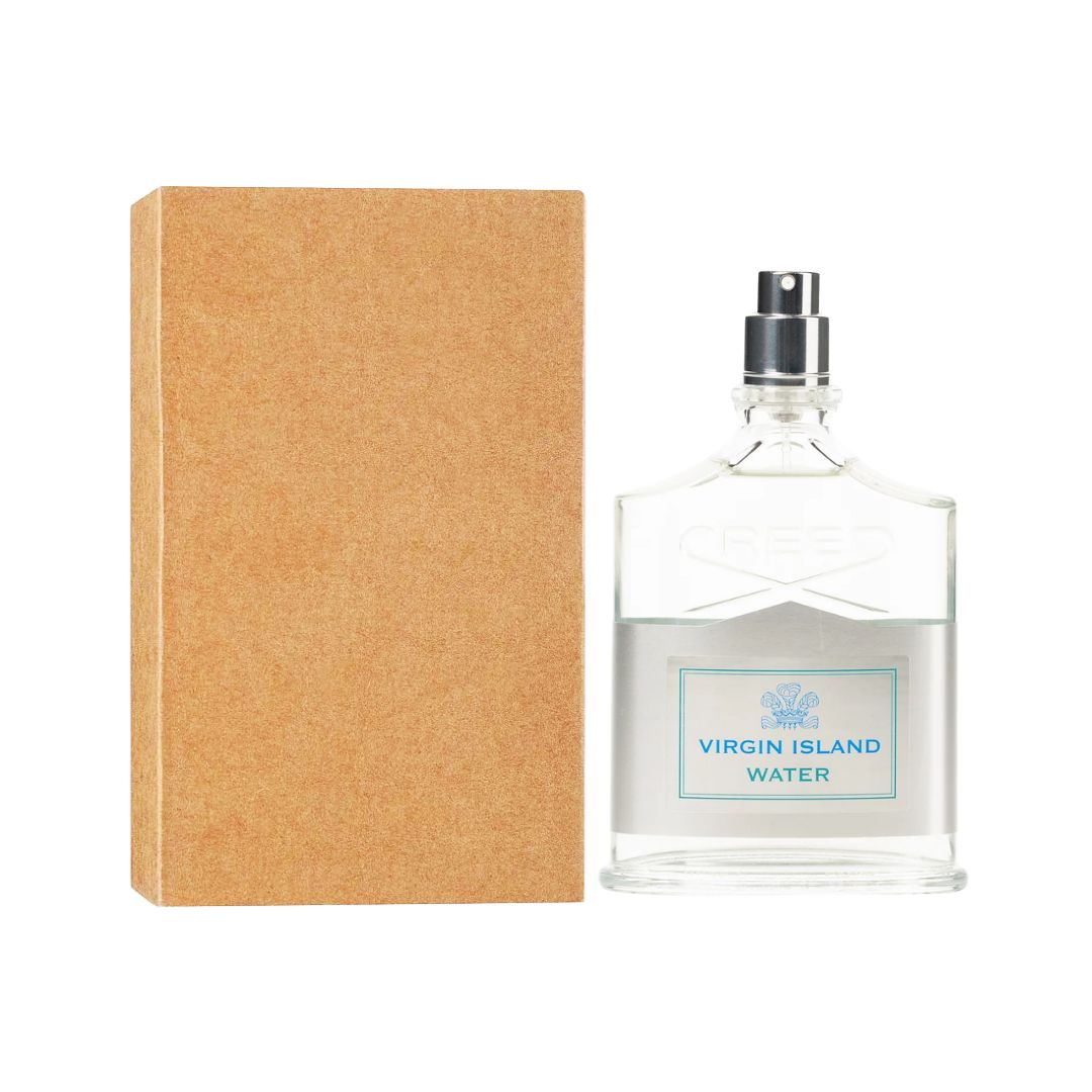 Creed Perfume Tester bottle labeled 'Virgin Island Water' next to its packaging on a white background