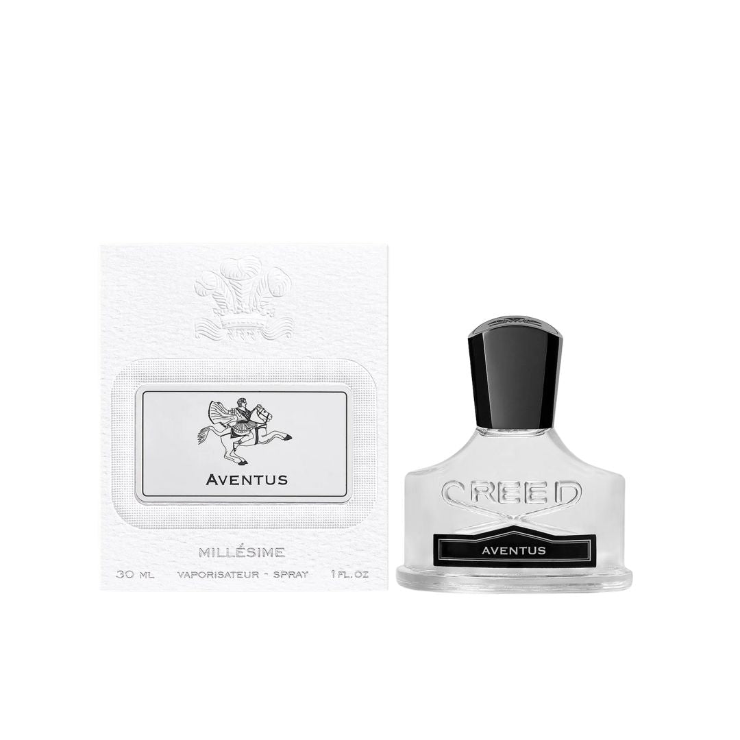 Creed Aventus perfume bottle 30ml and packaging on a white background