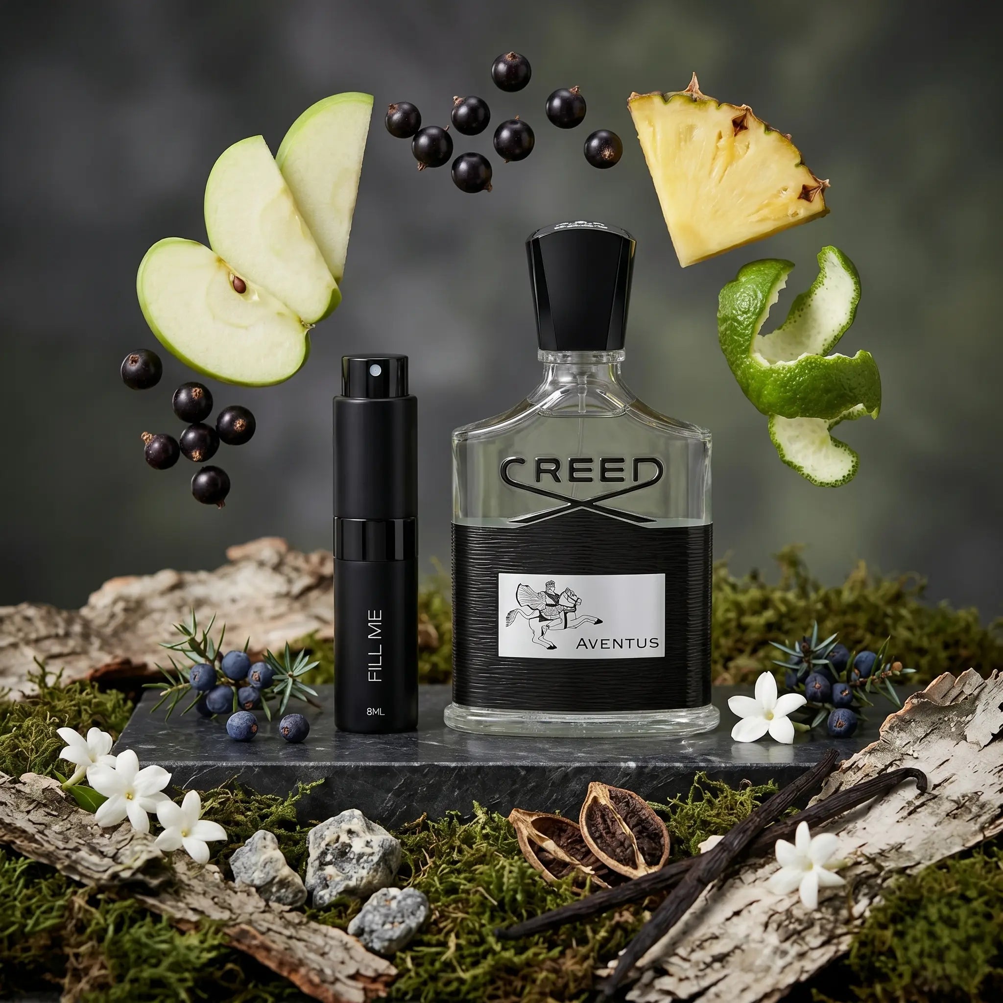 Creed Aventus perfume bottle and 8ml decant with ingredients on a natural background