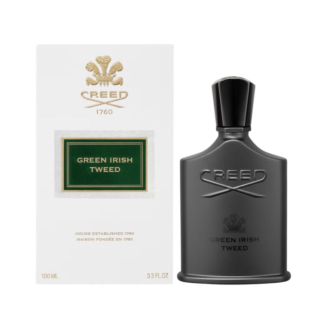 Creed Green Irish Tweed 100ml perfume bottle and packaging on a white background