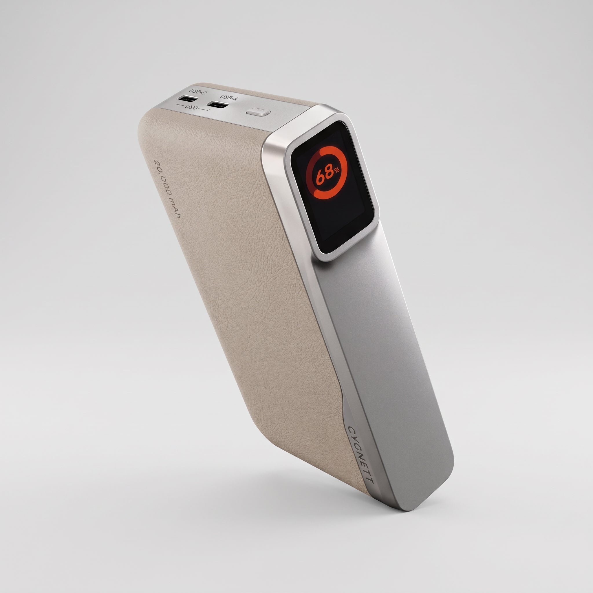 A portable power bank in a metallic champagne-gold finish, shown at an angle on a light gray studio background. The device features a textured back panel, a silver metallic side, a built-in digital battery percentage display showing 68% in orange, and multiple charging ports on top.