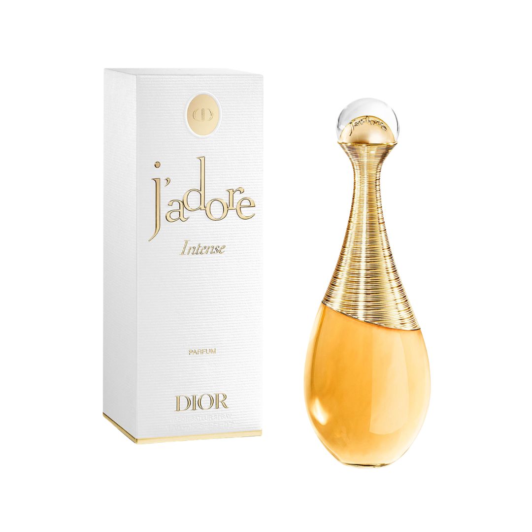 Dior J'adore Intense Parfum 100ml, an iconic gold-collared amphora bottle, representing a lush, honeyed floral nectar with notes of jasmine, rose, and apricot.
