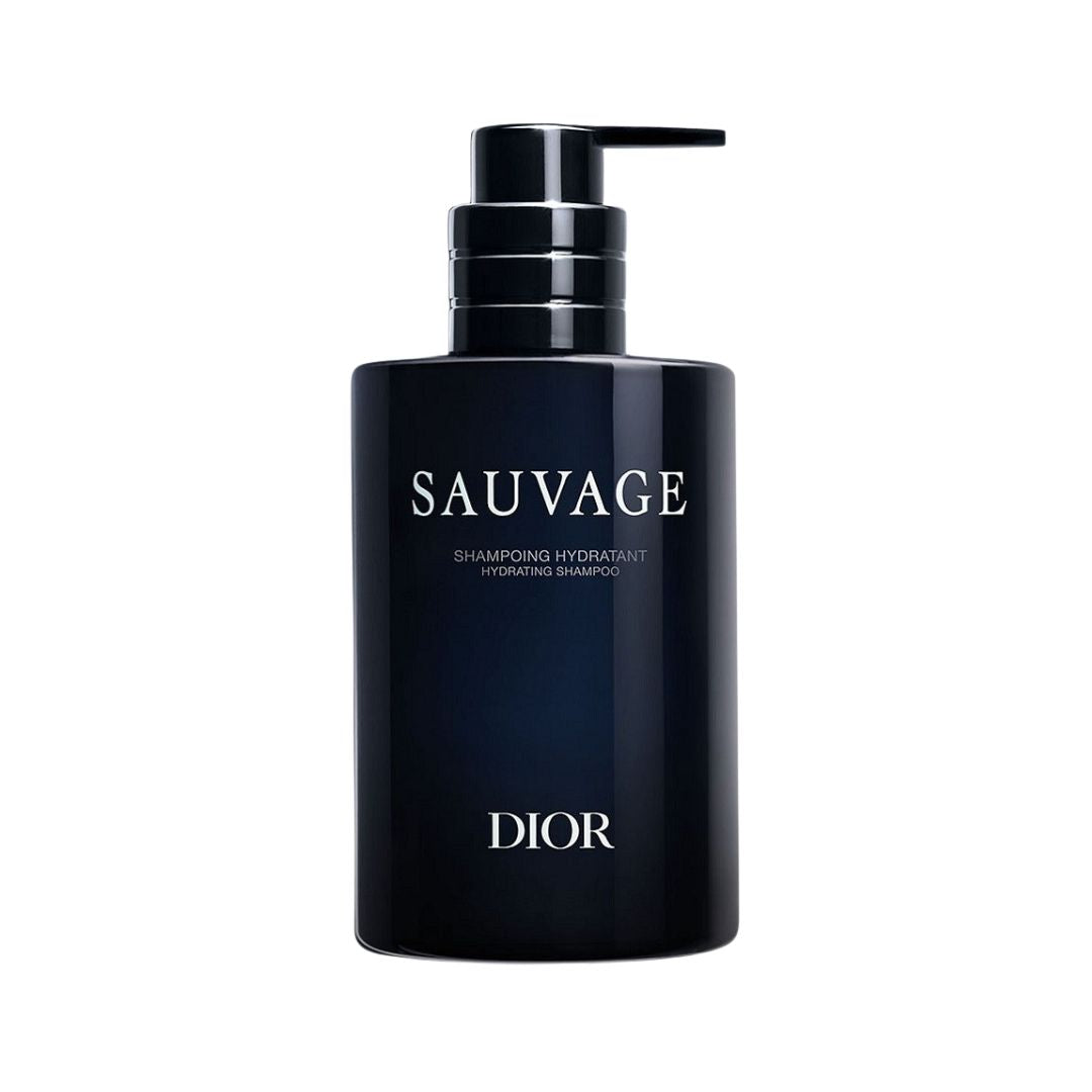 Dior Sauvage shampoo bottle 250ml -Premium men’s shampoo with cactus extract that cleanses and hydrates hair on a white background
