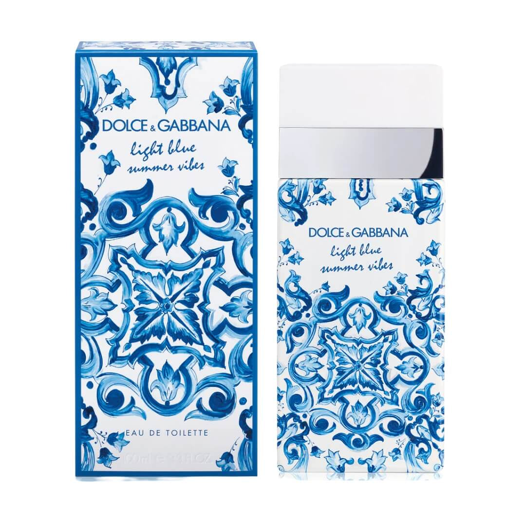 Dolce & Gabbana Light Blue Summer Vibes EDT 100ml for Women at Gadgets Online NZ - A summer-inspired fragrance bottle adorned with majolica print, encapsulating the essence of Calabrian bergamot, peach, and cedar.