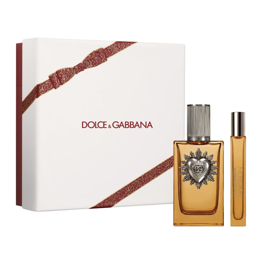 Dolce & Gabbana Devotion Pour Homme Parfum 100ml 2pc perfume set with two bottles and a box on a white background
