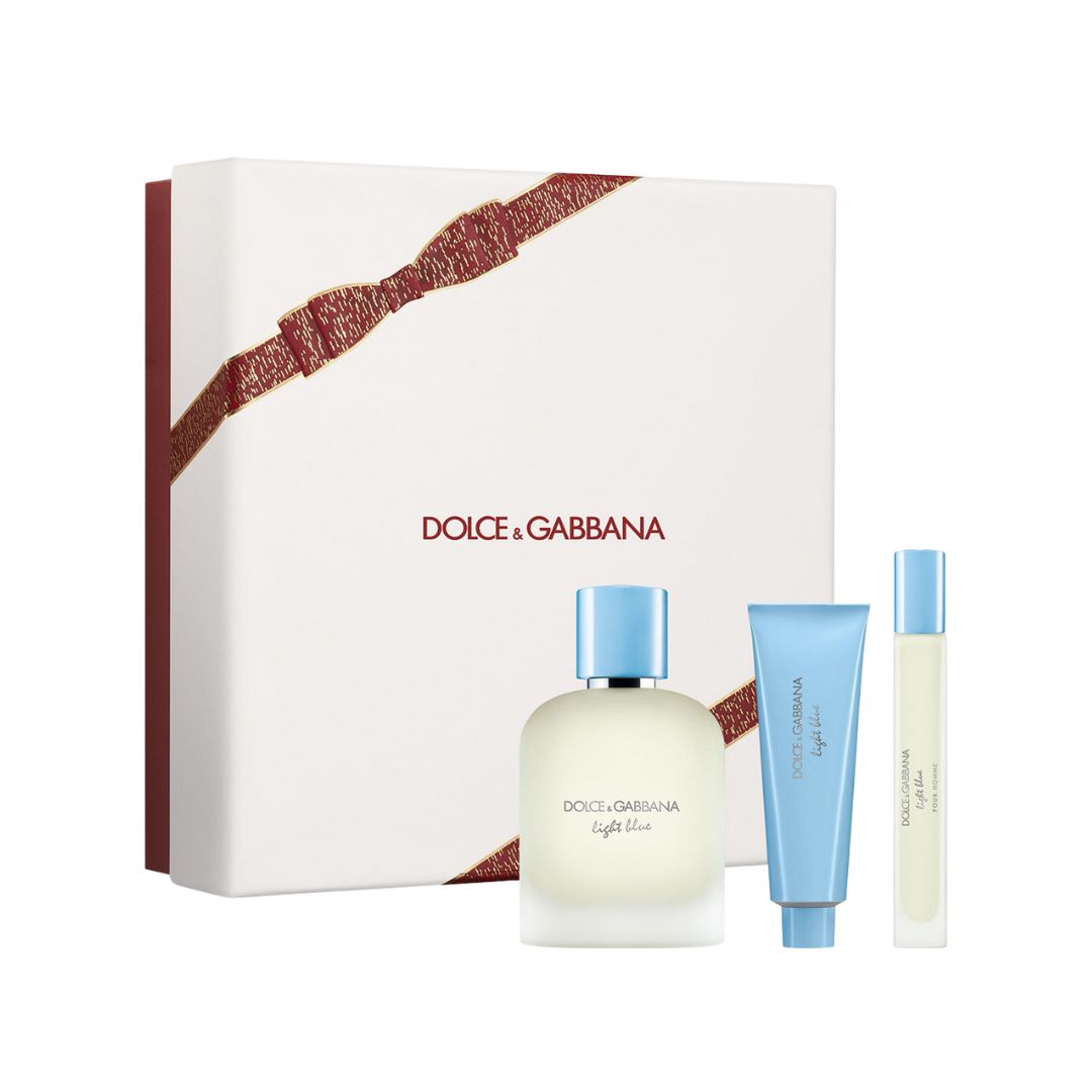 Dolce & Gabbana Light Blue Pour Homme EDT 100ml Perfume set with a white box featuring the brand name.