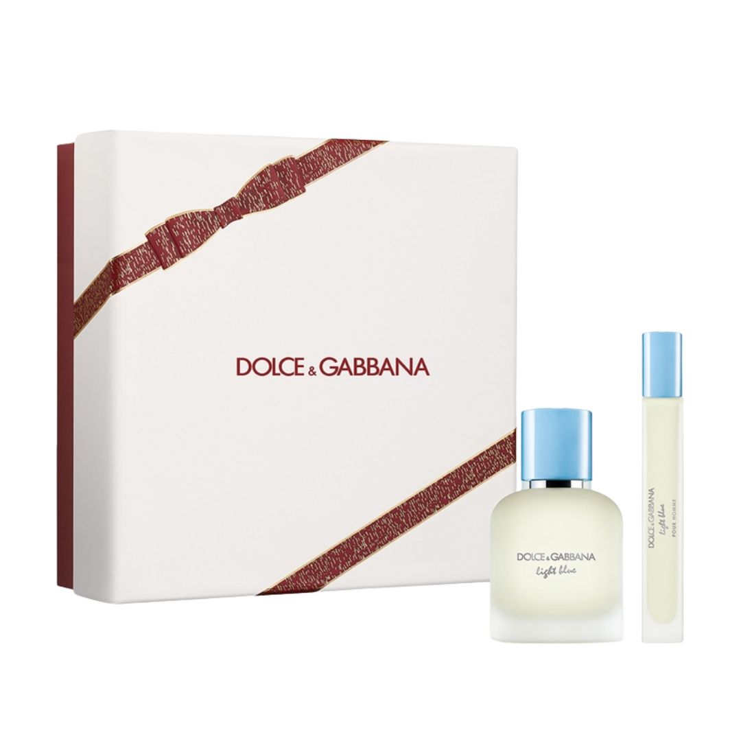 Dolce & Gabbana Light Blue Pour Homme EDT 50ml perfume set with two bottles and a box on a white background