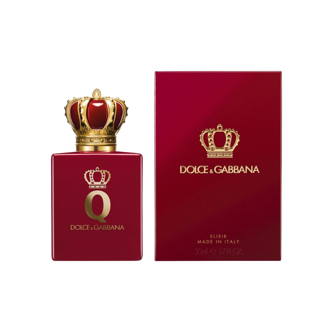 Dolce & Gabbana Q Elixir 50ml, deep red lacquered bottle with a gold crown cap, featuring a dark cherry and white floral scent.