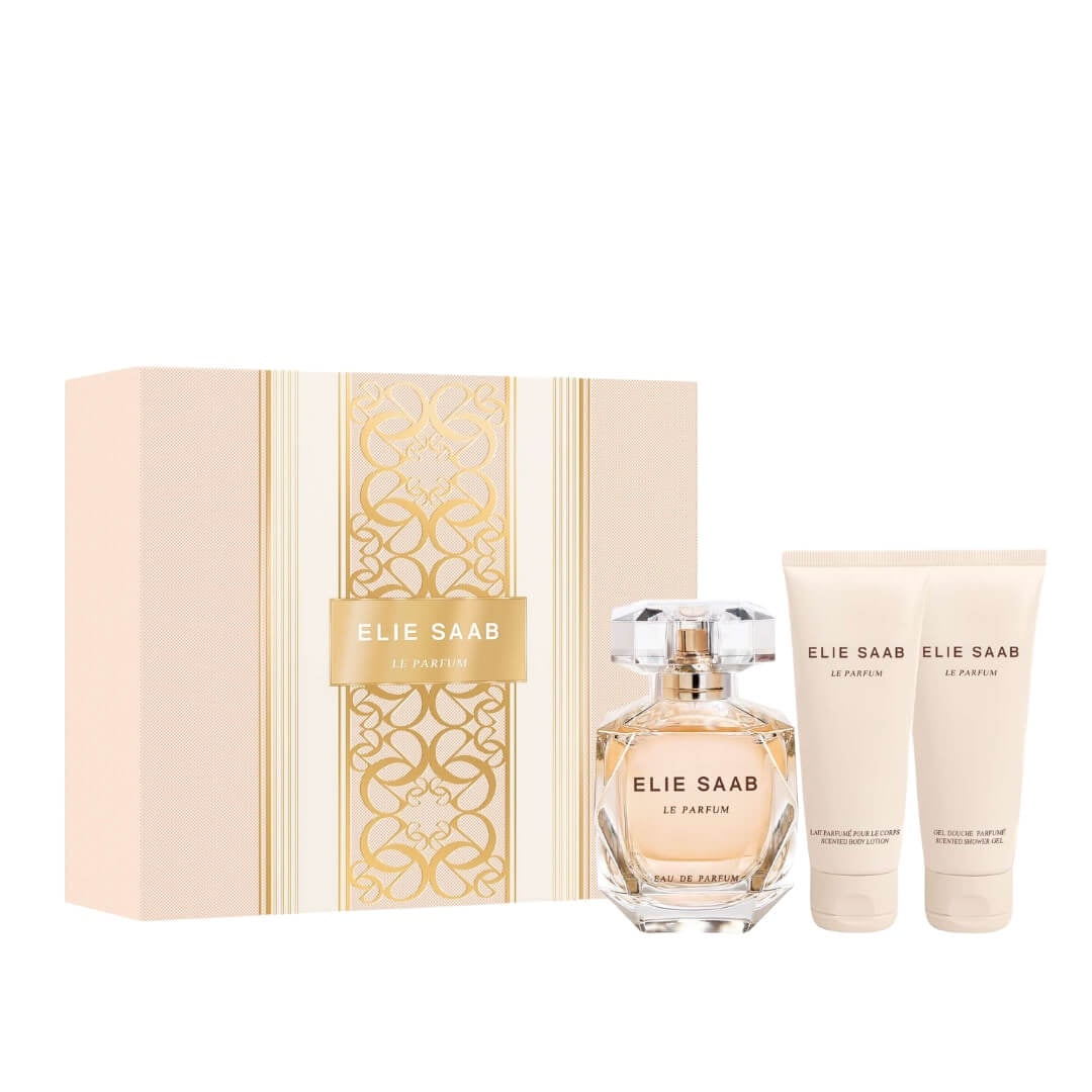 Elie Saab Le Parfum EDP 90ml 3 Piece Gift Set at Gadgets Online NZ LTD, featuring the sophisticated fragrance of orange blossom and jasmine, with complementary body lotion and shower gel.