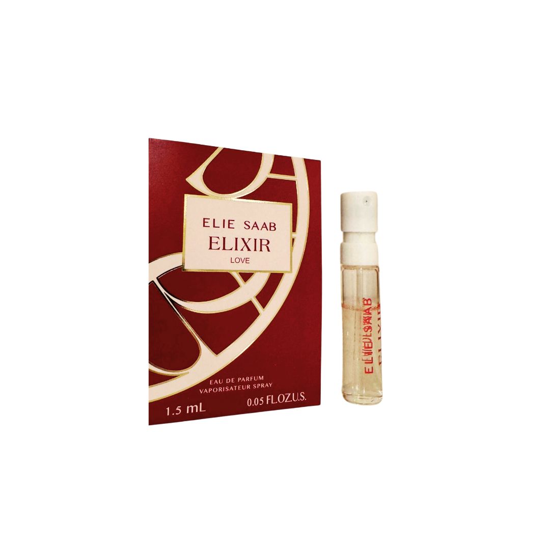 Elie Saab Elixir 1.5ml EDP perfume vial and packaging on a white background