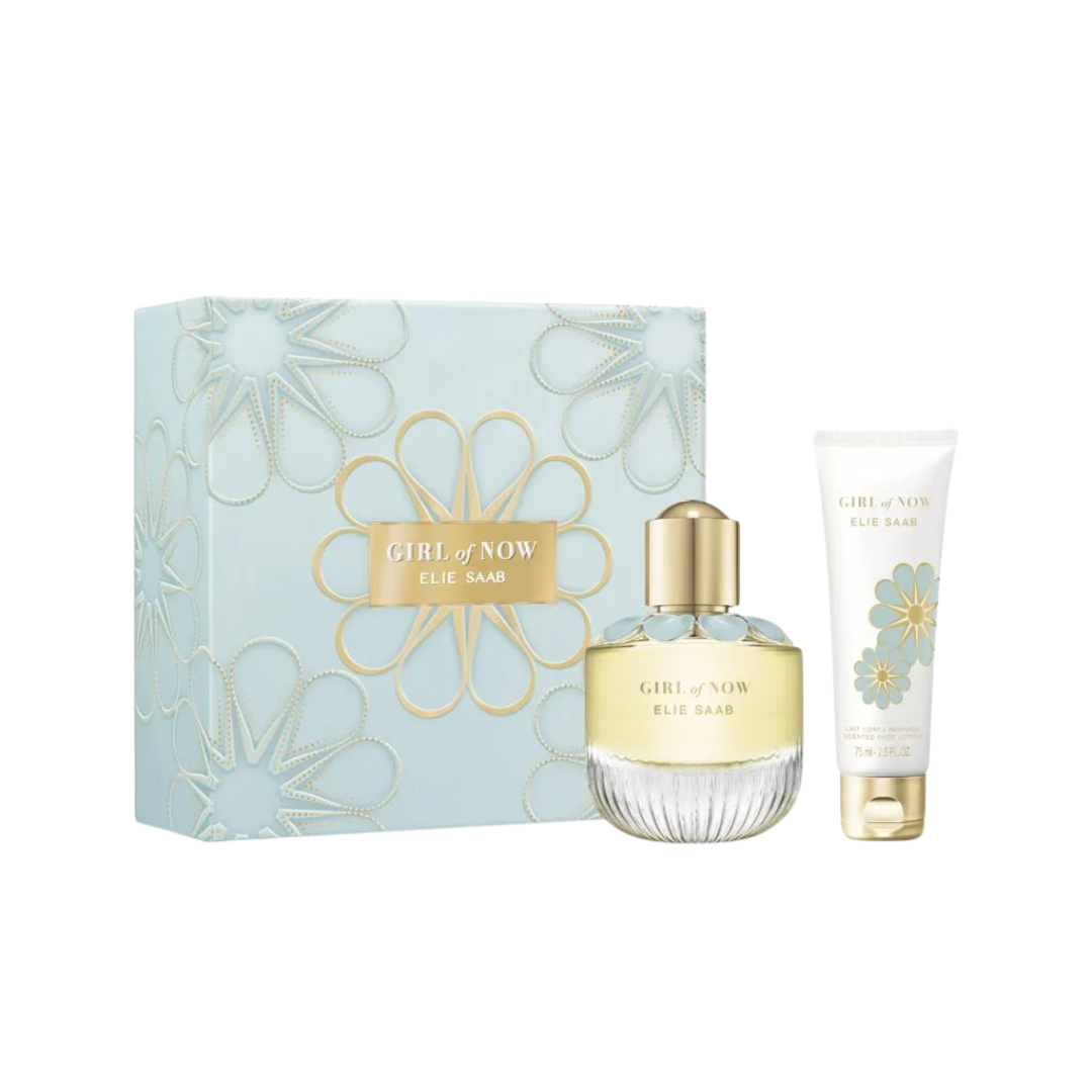 Elie Saab Girl of Now 50ml EDP 2 Piece Gift Set, featuring the iconic faceted bottle and a matching body lotion in a luxurious floral-decorated gift box.