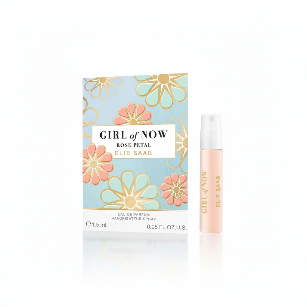 Elie Saab Girl of Now Rose Petal perfume 1.5ml EDP with packaging on a white background
