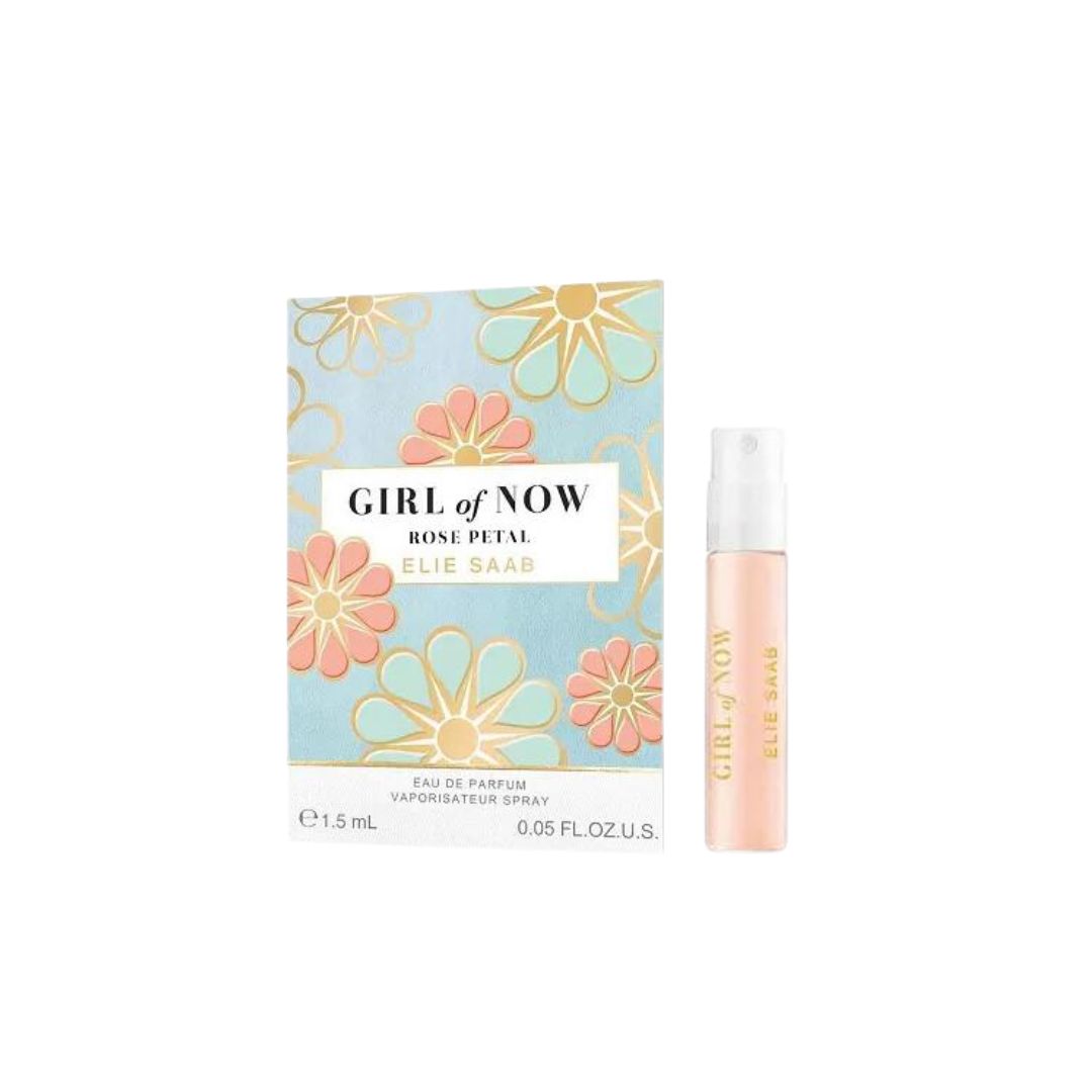 Elie Saab Girl of Now Rose Petal perfume 1.5ml EDP with packaging on a white background