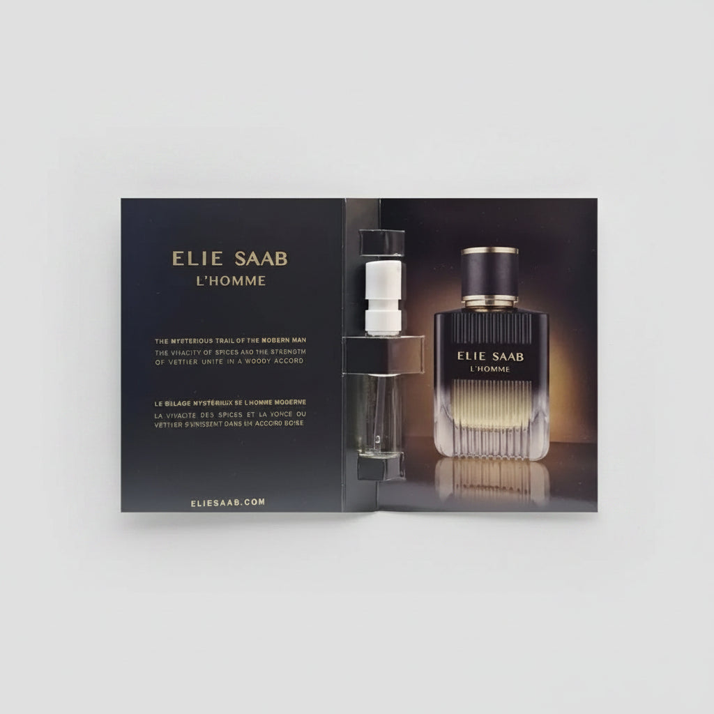Elie Saab L'Homme 1.5ml EDP vial sample, a small glass tube, perfect for trying a refined, woody masculine fragrance in NZ
