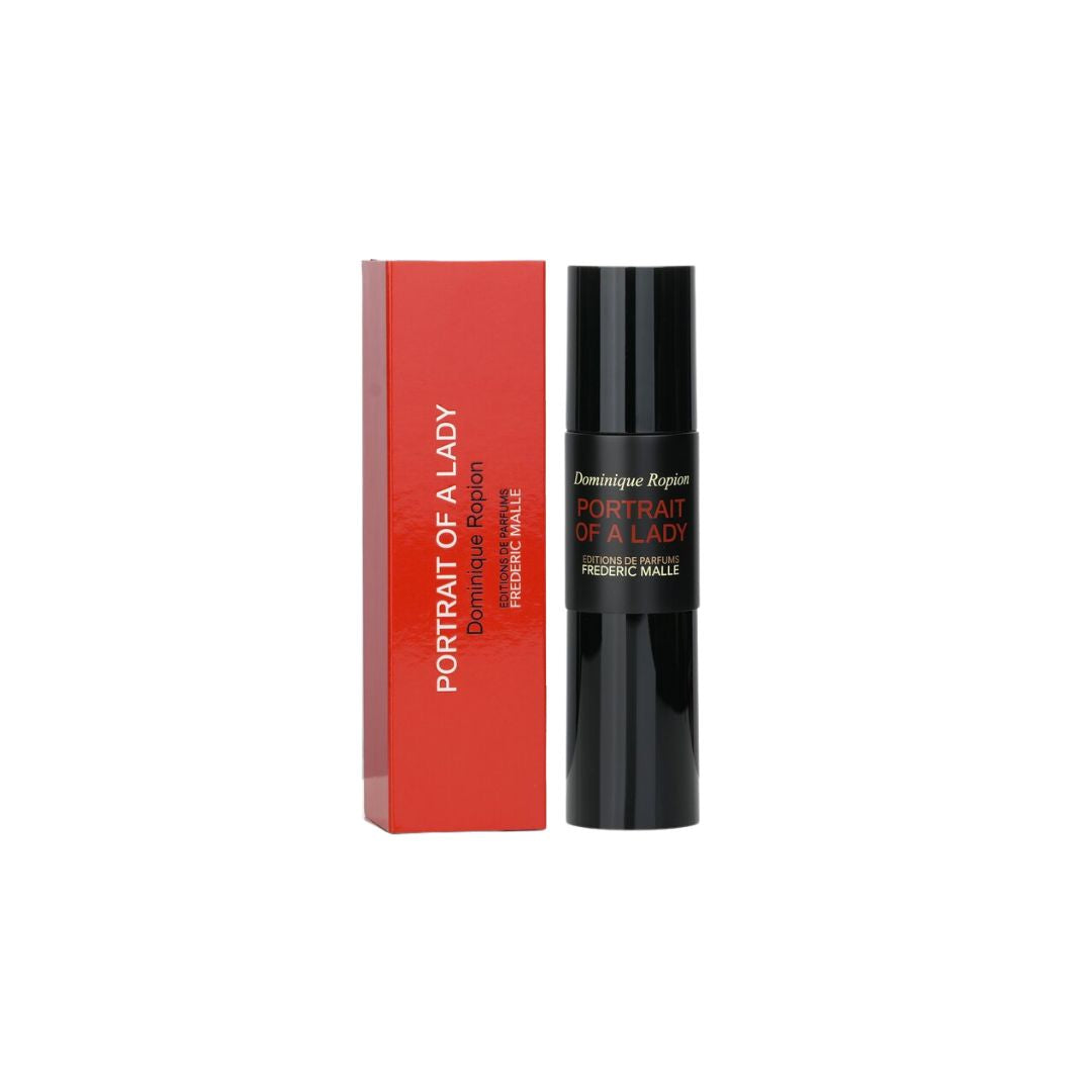Dominique Ropion Frédéric Malle Portrait of a Lady EDP 30ml perfume bottle and its red packaging box, displayed on a clean white background.