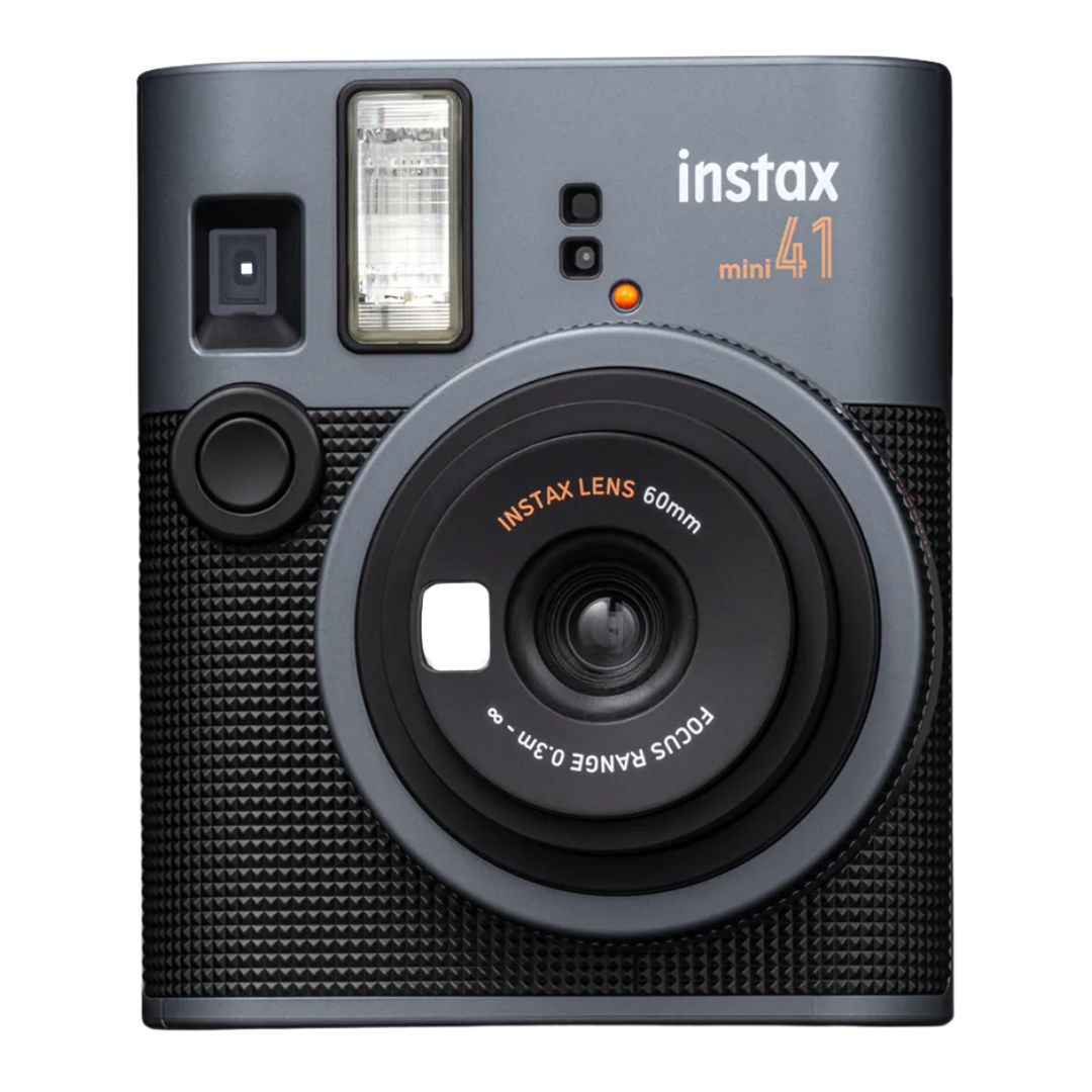 Front view of the Fujifilm Instax Mini 41 instant camera in classic black and silver with orange accents.