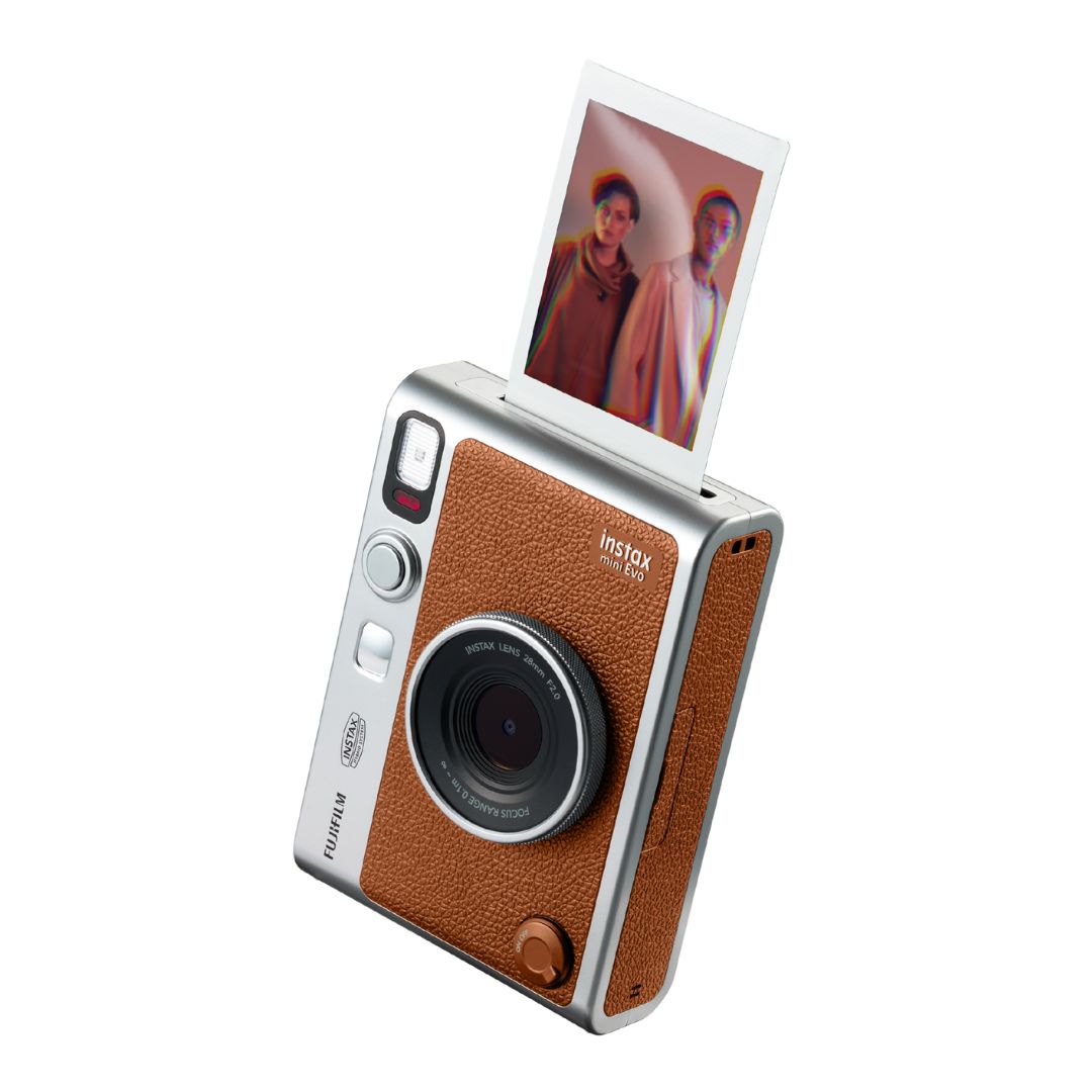 Angle view of the brown Instax Mini Evo showing the lens and physical print lever.