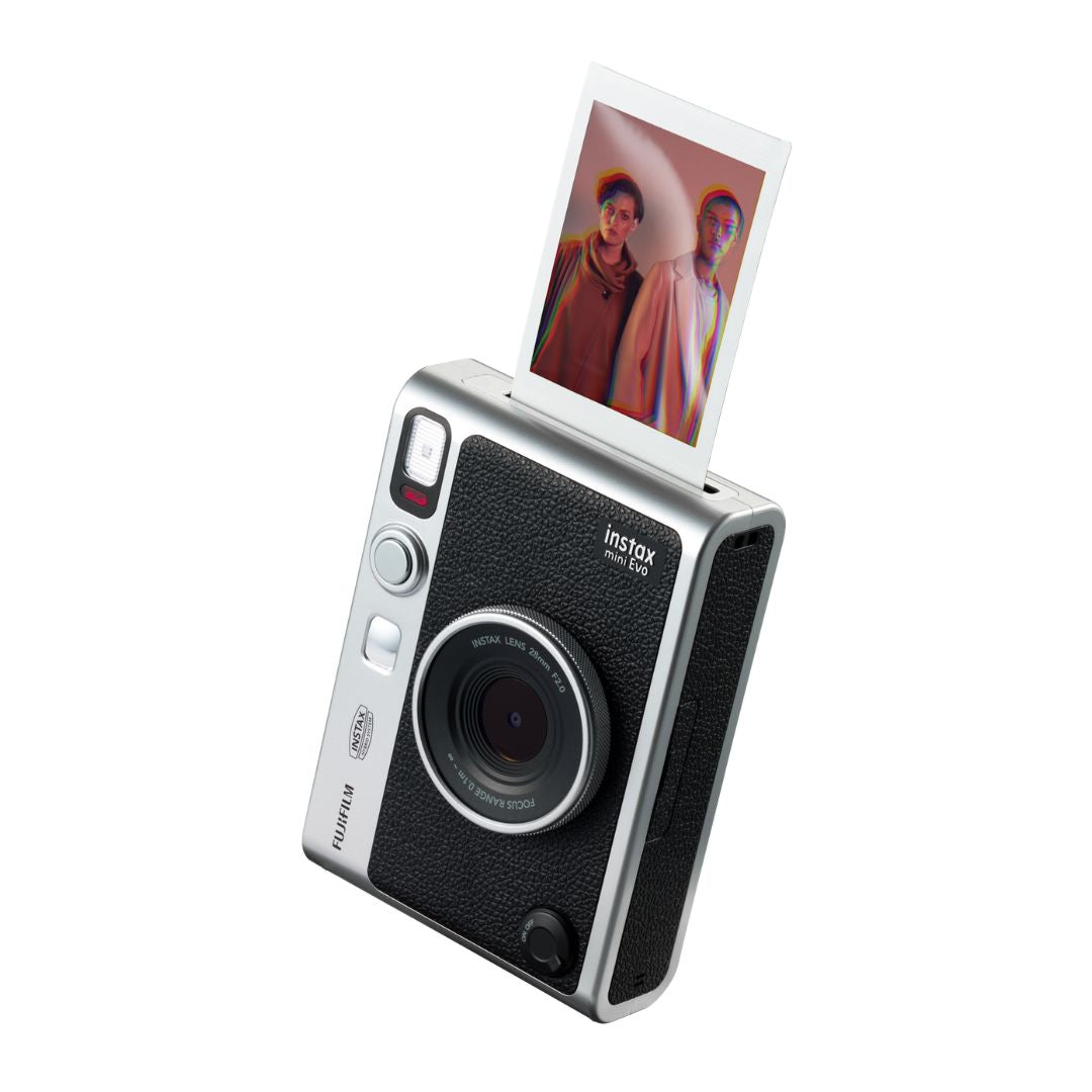 Close up view of the Fujifilm Instax Mini Evo in black with a retro lens design.