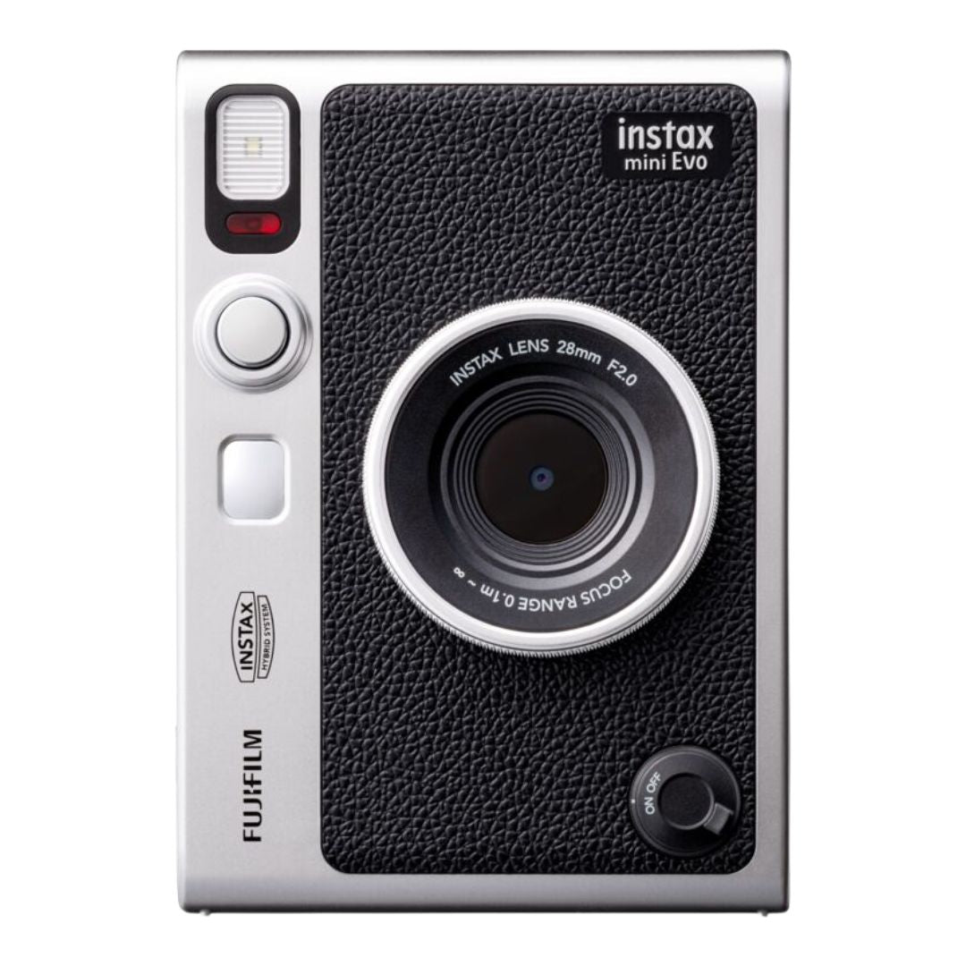 Front view of the Fujifilm Instax Mini Evo in black with a retro lens design.