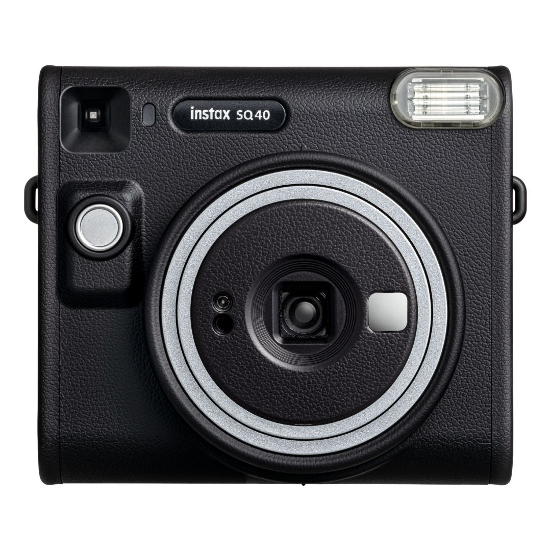 Front view of the Fujifilm Instax Square SQ40 instant camera featuring a classic black leather-textured finish.