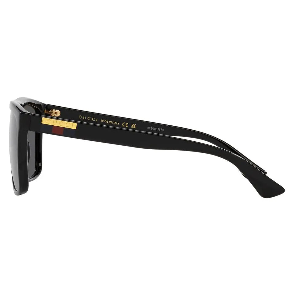 Side view of Gucci GG0748S showing wide black temples with gold Gucci logo and blue-red-blue web stripe - Gadgets Online NZ