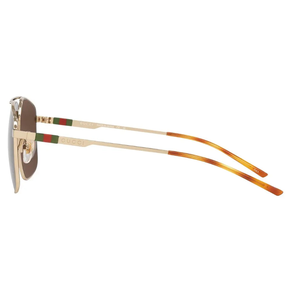 Side view of Gucci GG1676S gold sunglasses showing metal temples with injected web detail and logo - Gadgets Online NZ