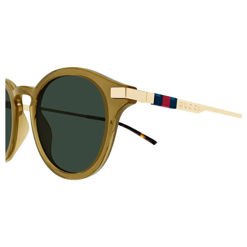 Close up of Gucci GG1890S 003 sunglasses temple with blue and red web stripe and gold logo - Gadgets Online NZ