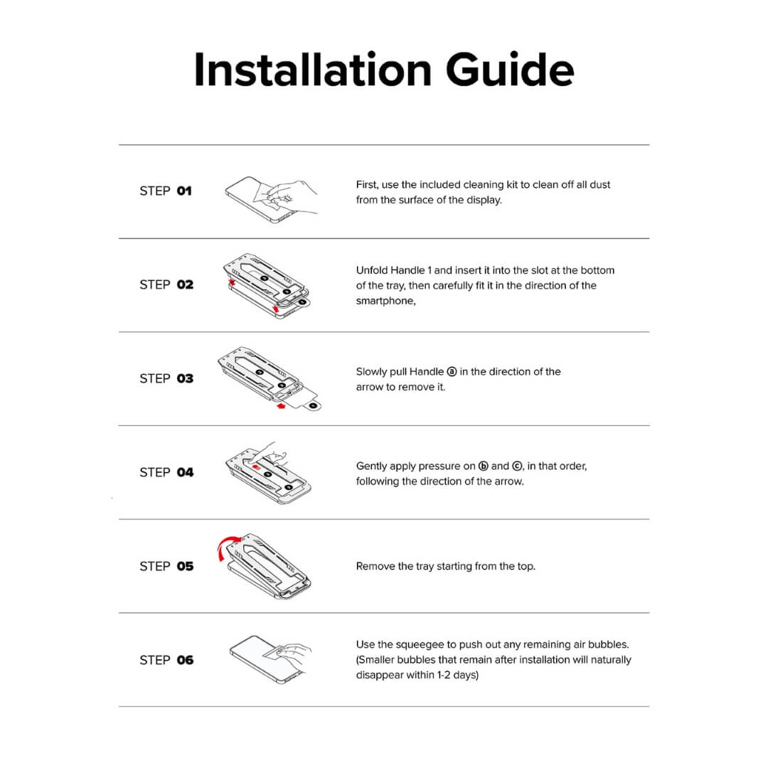 The Ringke tempered glass screen protector includes an installation guide for easy setup.