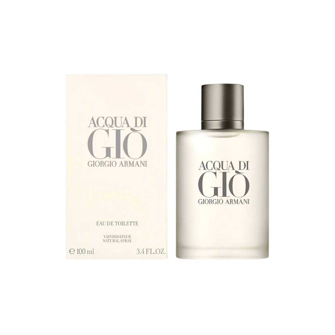 Giorgio Armani Acqua Di Gio 100ml EDT, a clear, frosted glass bottle suggesting a fresh, aquatic, and iconic masculine fragrance.