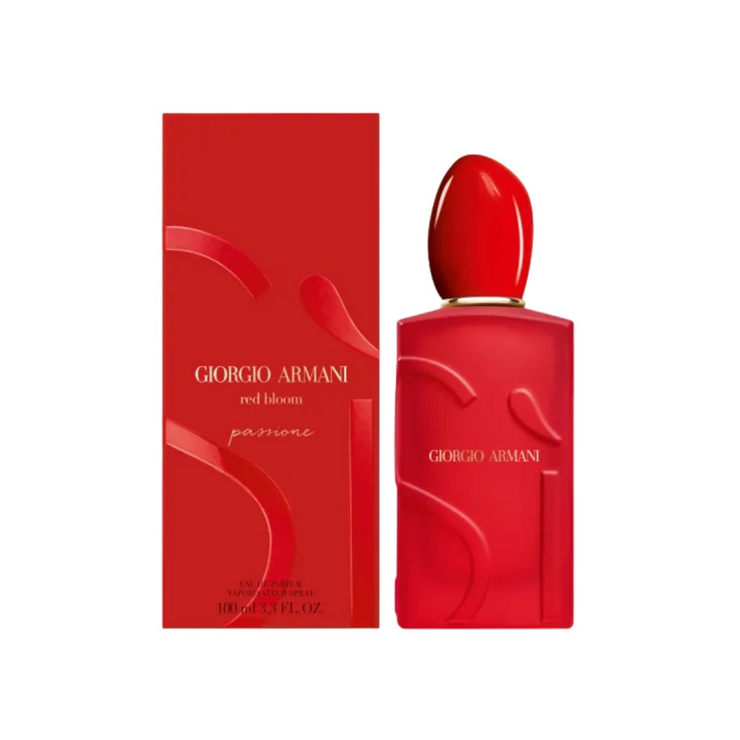 Giorgio Armani Sì Passione Red Bloom EDP 100ml bottle and packaging on a white background