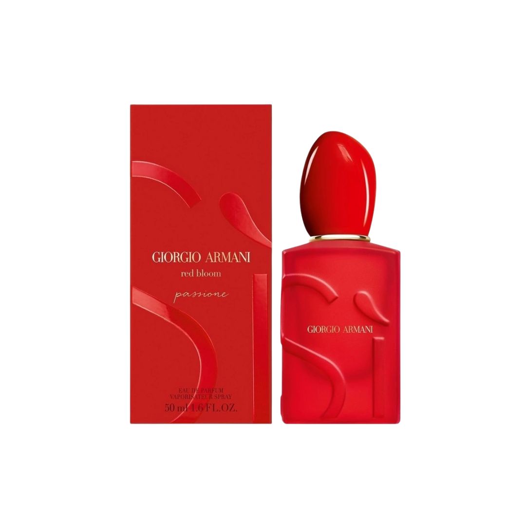 Giorgio Armani Sì Passione Red Bloom EDP 50ml bottle and red packaging on a white background