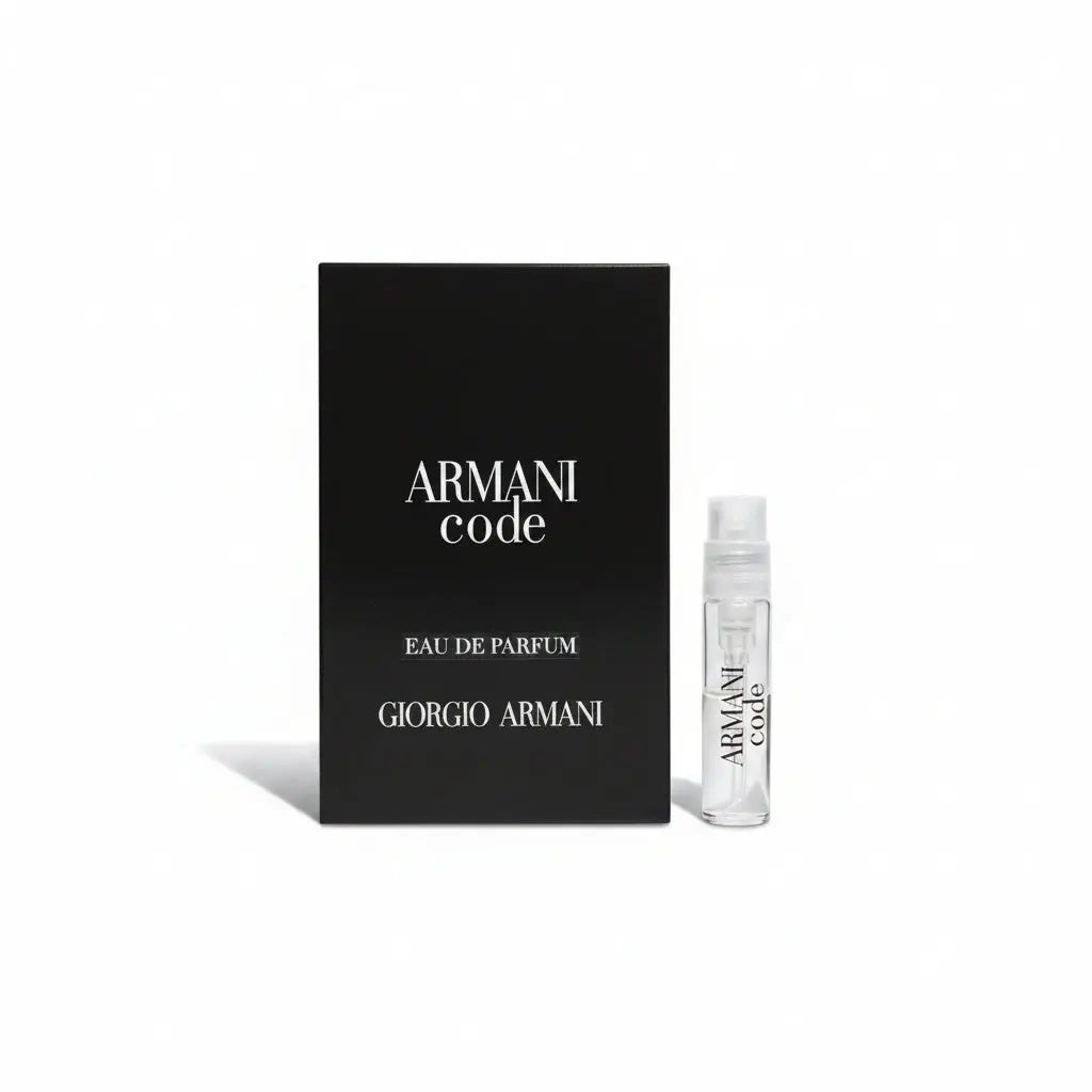 Giorgio Armani Code EDP 1.2ml sample vial on carding, a sophisticated woody-amber fragrance for men.