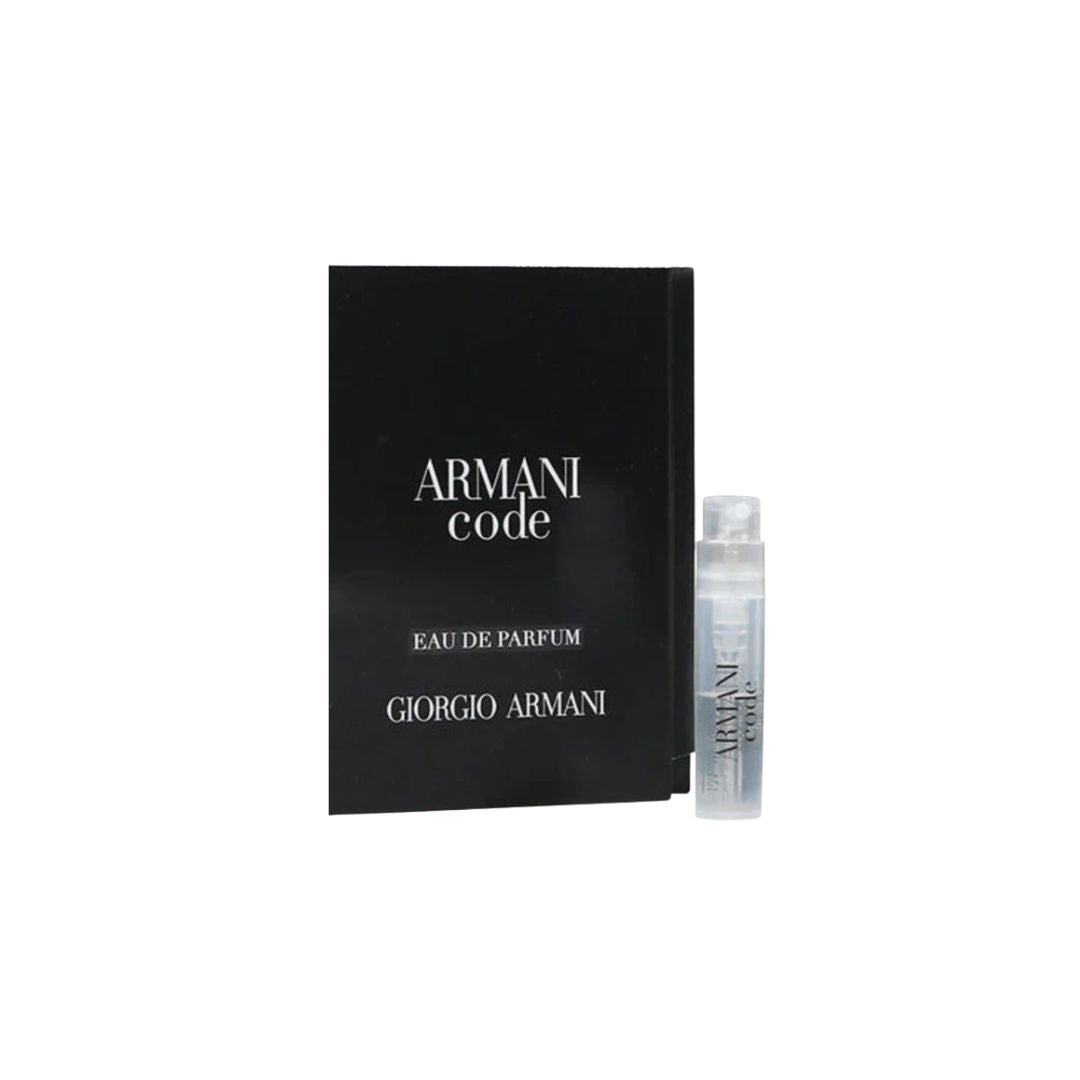 Giorgio Armani Code EDP 1.2ml sample vial on carding, a sophisticated woody-amber fragrance for men.