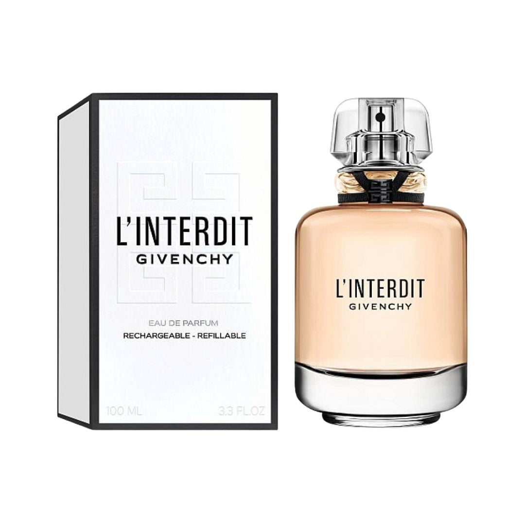 Givenchy L'Interdit perfume bottle 100ml EDP and packaging on a white background