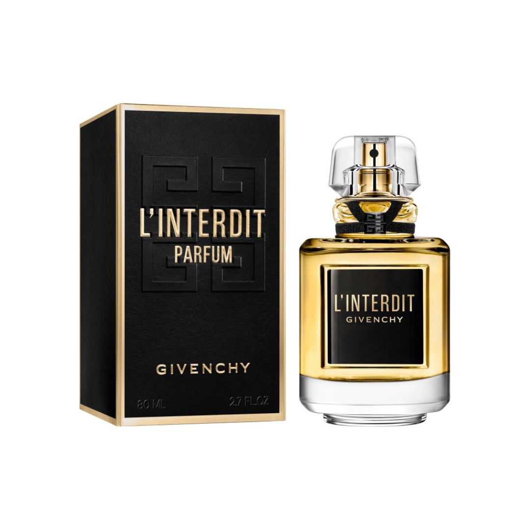 A sleek, clear glass bottle of Givenchy L’Interdit Parfum, showcasing the amber liquid and suggesting a rich, opulent floral-oriental scent.
