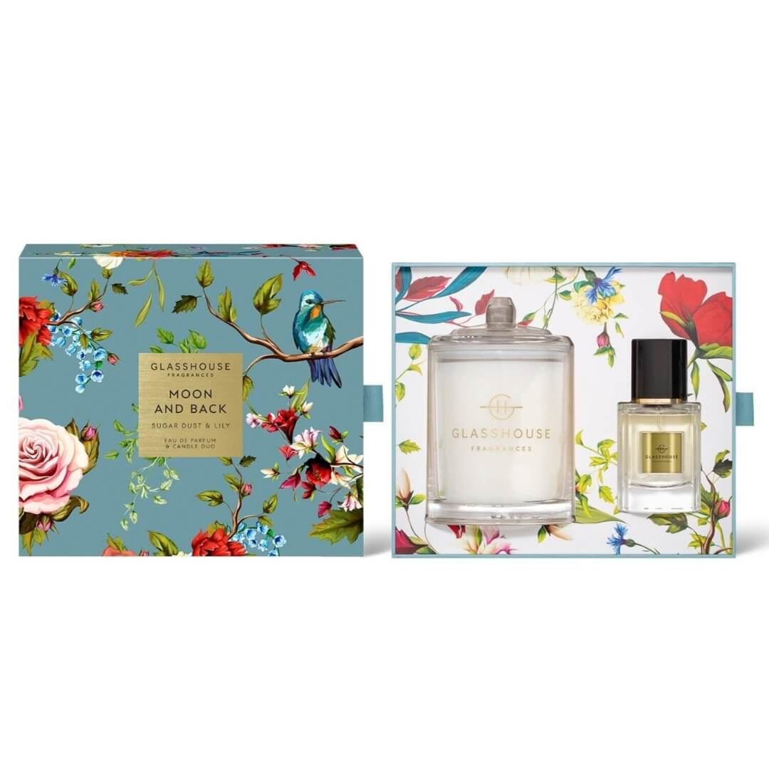 Glasshouse Moon and Back Sugar Dust  Lily 2pc Gift Set includes 200g Candle and 30ml EDP Perfume