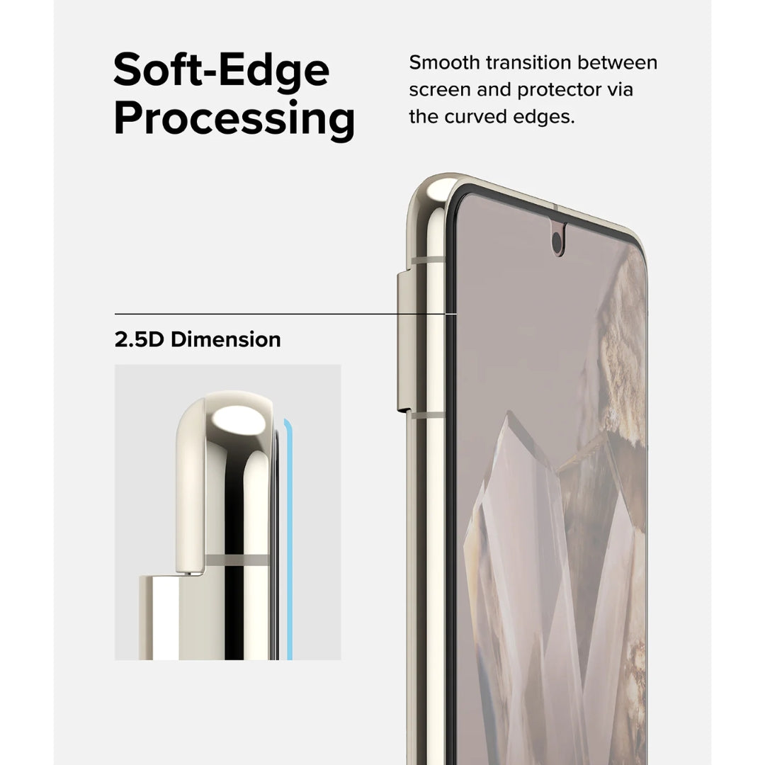 Soft-edge processing and smooth transition between screen and protector for pixel 8