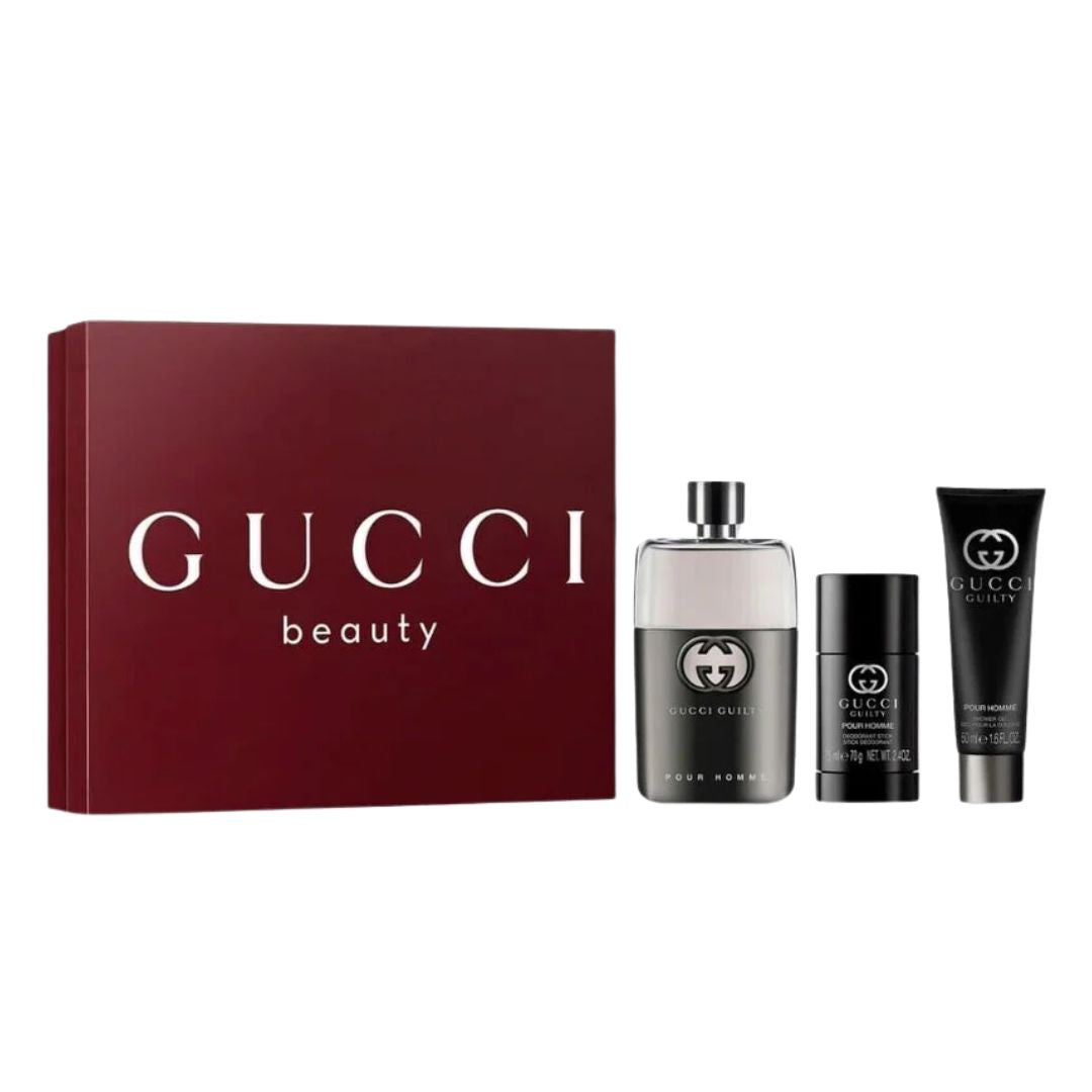 Gucci Guilty Pour Homme EDT 90ml 3-Piece Gift Set beauty product set including a bottle and two smaller containers on a white background - Gadgets Online NZ Ltd