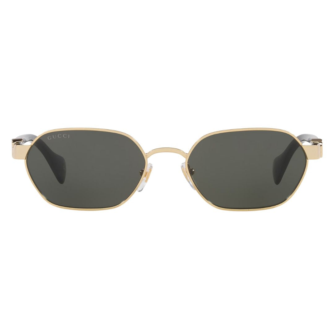 Front view of Gucci GG1593S 001 featuring a hexagonal gold metal frame and dark grey lenses - Gadgets Online NZ