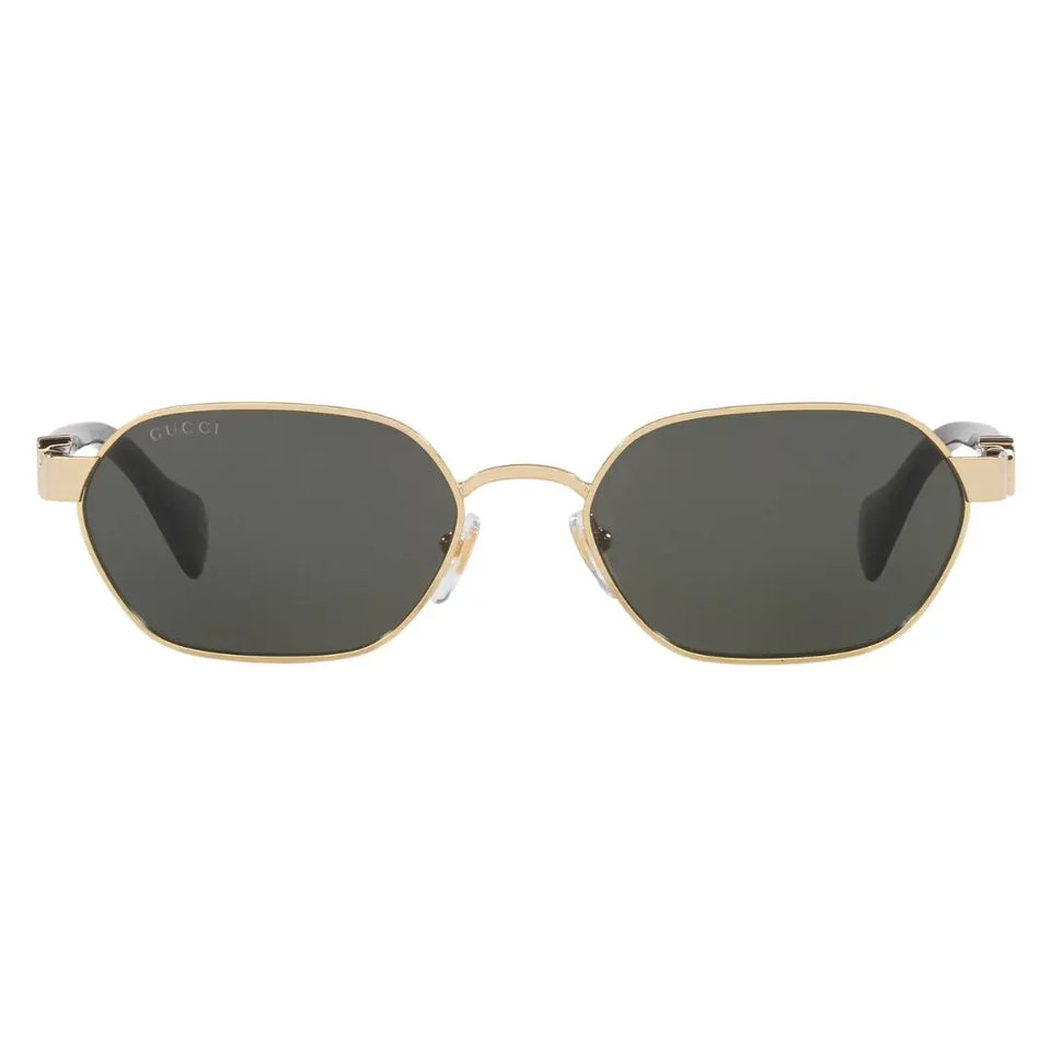Front view of Gucci GG1593S 001 featuring a hexagonal gold metal frame and dark grey lenses - Gadgets Online NZ
