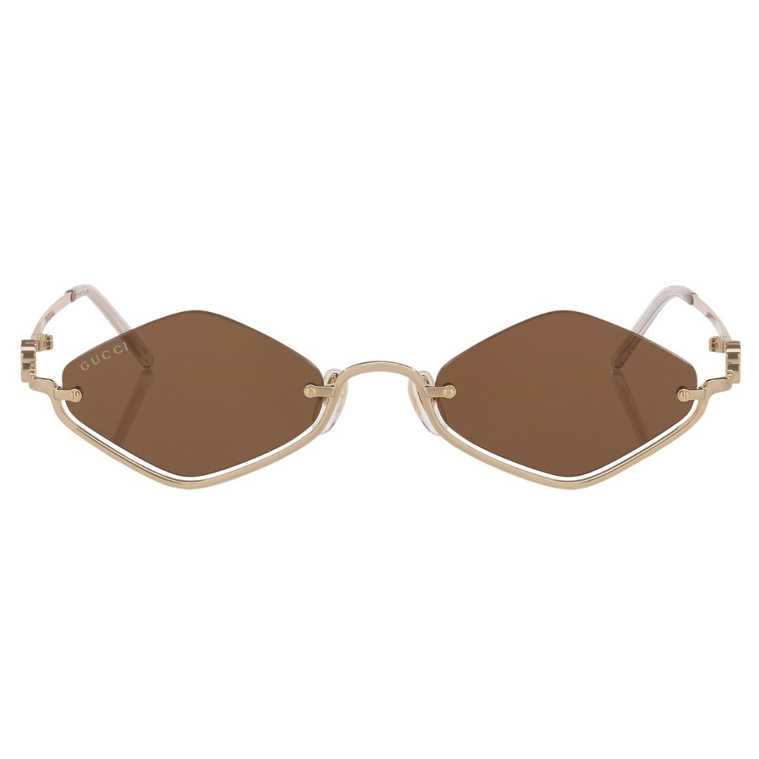 Front view of Gucci GG1604S 002 featuring a geometric diamond-shaped gold metal frame and brown lens - Gadgets Online NZ