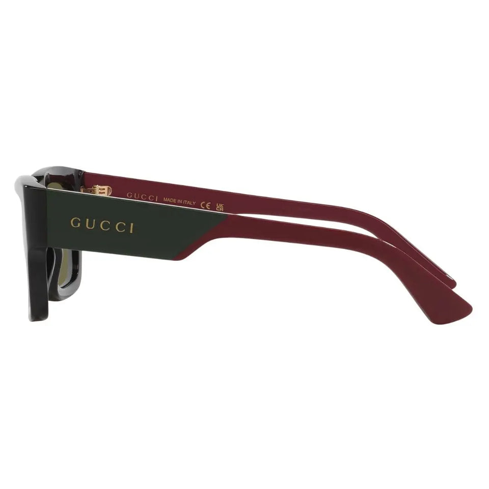 Side view of Gucci GG1668S showing thick green and burgundy temples with gold Gucci lettering logo - Gadgets Online NZ