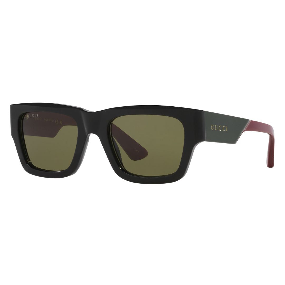 Gucci GG1668S 003 sunglasses in black with olive green lenses and green-red tri-color temples - Gadgets Online NZ