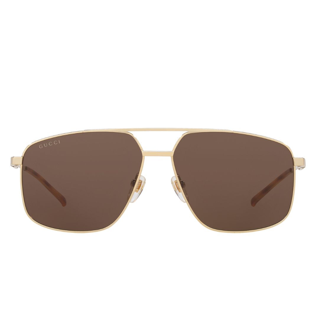 Front view of Gucci GG1676S 002 featuring a double bridge pilot gold metal frame and brown lenses - Gadgets Online NZ