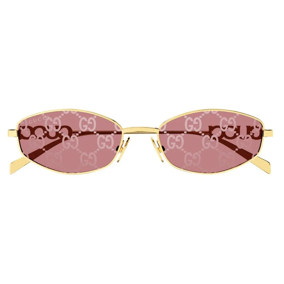 Front view of Gucci GG1802S 002 featuring an oval gold metal frame and red silver mirrored lenses - Gadgets Online NZ