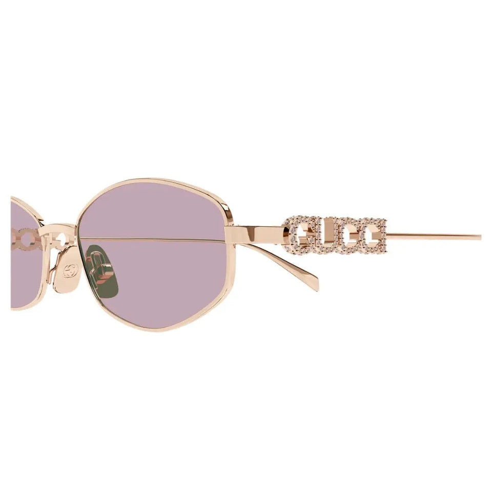 Side view of Gucci GG1802S showing gold metal temples with bold cut-out Gucci lettering logo - Gadgets Online NZ