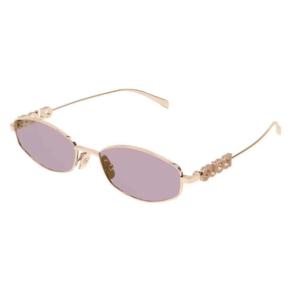 Gucci GG1802S 003 sunglasses in gold metal with solid light blue lenses and cut-out Gucci logo temples - Gadgets Online NZ