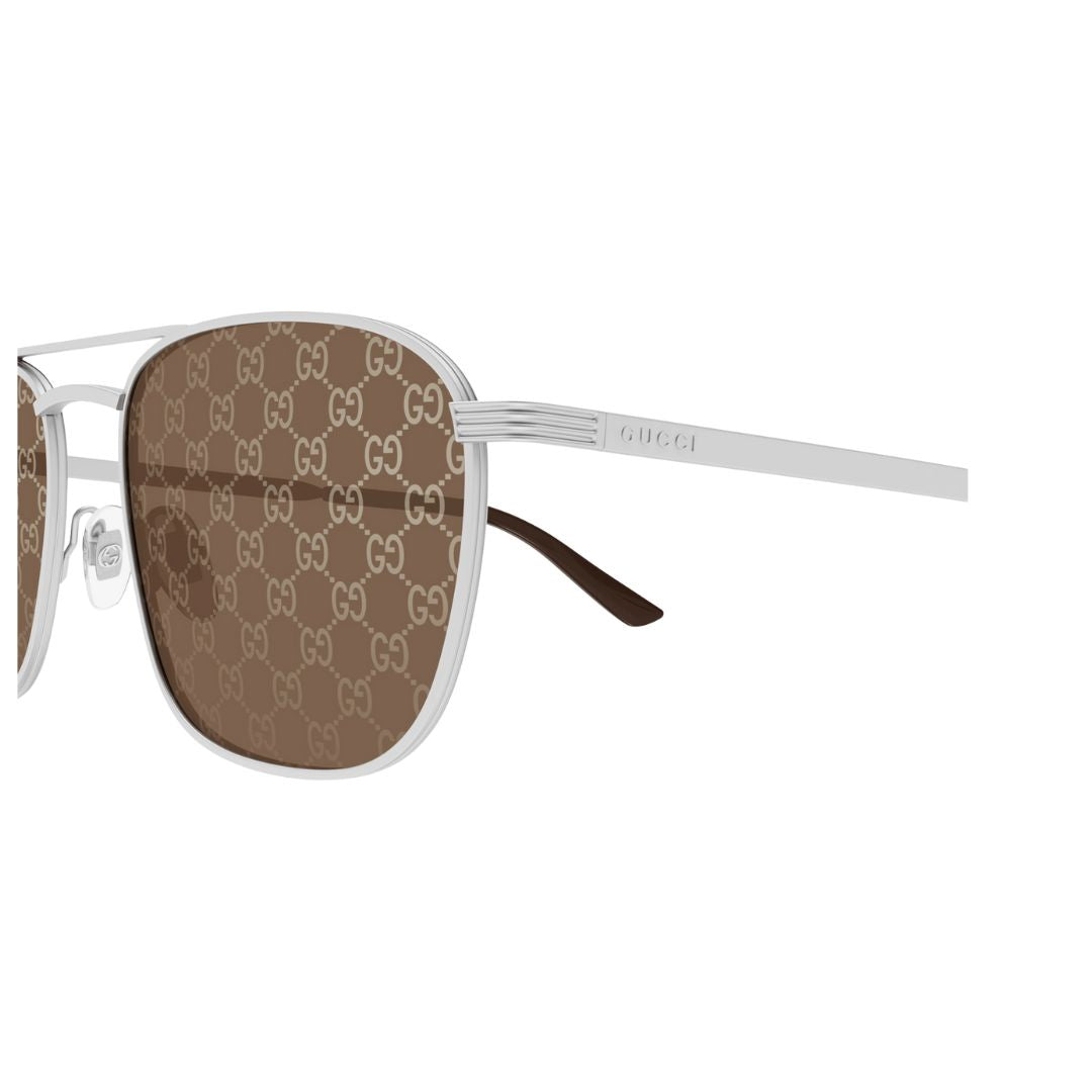 Detail of Gucci GG1881S sunglasses showing matte silver temples with engraved Gucci logo - Gadgets Online NZ